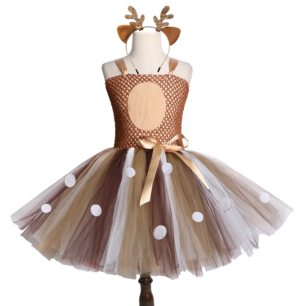 Christmas Deer Tutu Dress Girls Birthday Party Dress Halloween Winter Costume
