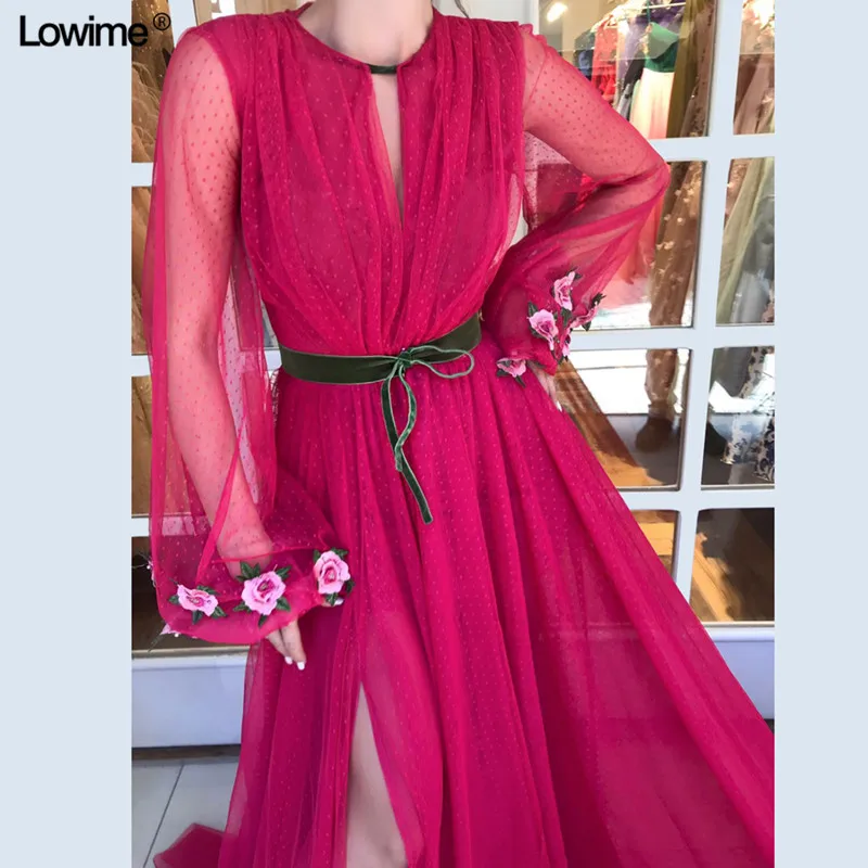 Vestido longo; трапециевидной формы Вечеринка Платья С одежда с длинным рукавом цветок пояса платье для выпускного вечера на высоком Разделение