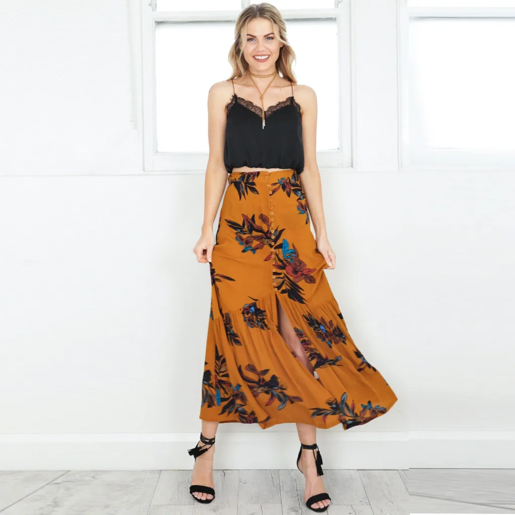 2019  Summer High Waisted Skirts Korean Elastic Skirt  Casual Flower Printing High Waist A-Line Long Skirt Y529
