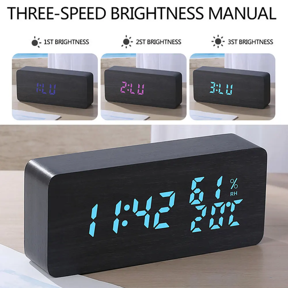

1Set Wooden Alarm Clock, Wood LED Digital Desk Clock With Time Temperature,Adjustable Brightness3 Set of Alarm and Voice Control