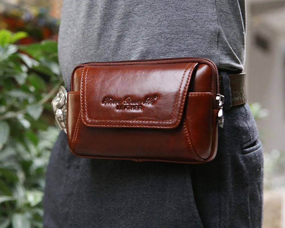 Высококачественная винтажная Мужская поясная сумка из натуральной кожи, поясная сумка, карман для мобильного телефона, чехол для сигарет - Цвет: Horizontal Coffee