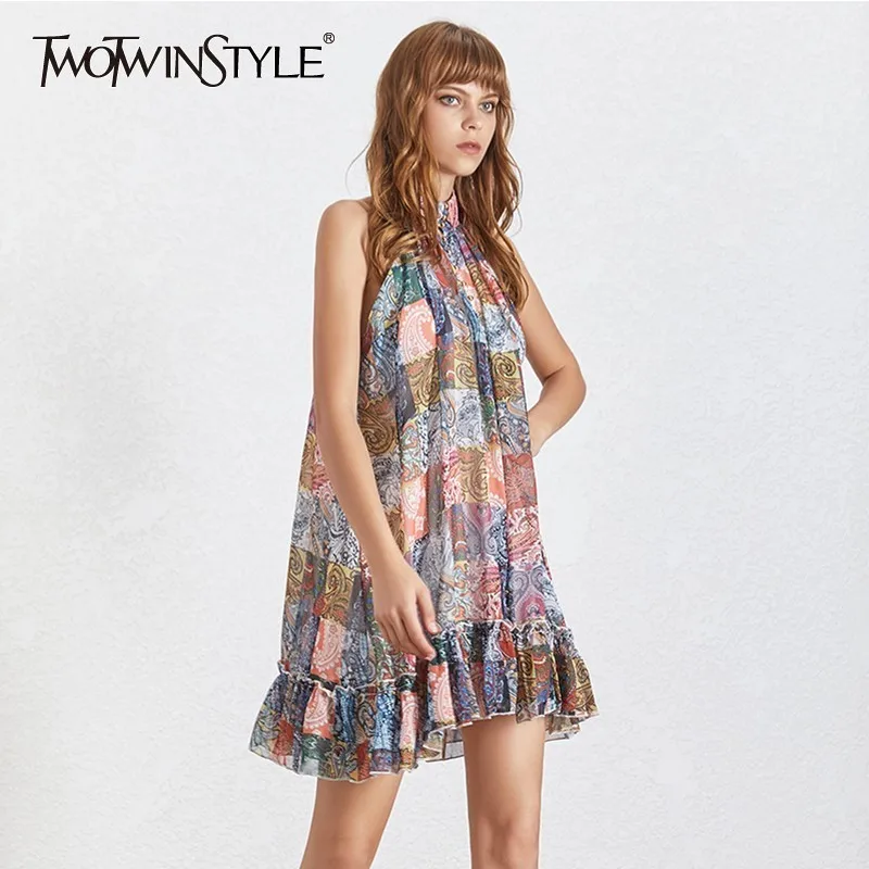 

TWOTWINSTYLE Vintage Summer Stand Collar Women's Dress Off Shoulder Sleeveless High Waist 2019 A Line Dresses Female Fashion New