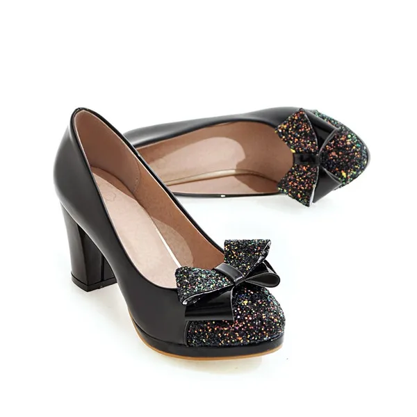 PQECFS/Большие размеры 31-43; высококачественные Демисезонные женские однотонные туфли-лодочки на высоком каблуке с бантиком-бабочкой; 3 цвета - Цвет: black