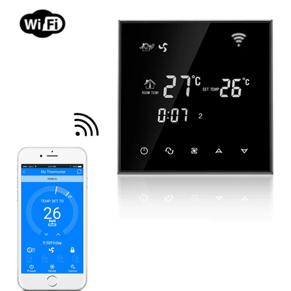 

Smart WiFi Thermostat for Fan Coil Unit Central Air Conditioner Temperature Controller Black LCD Touch Screen Cooling Heating