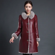 Ptslan Sheepskin Shearling Coats Fur Women Elegant Overcoats Real Mink Fur Collar Shearling Sheepskin Long Clothing