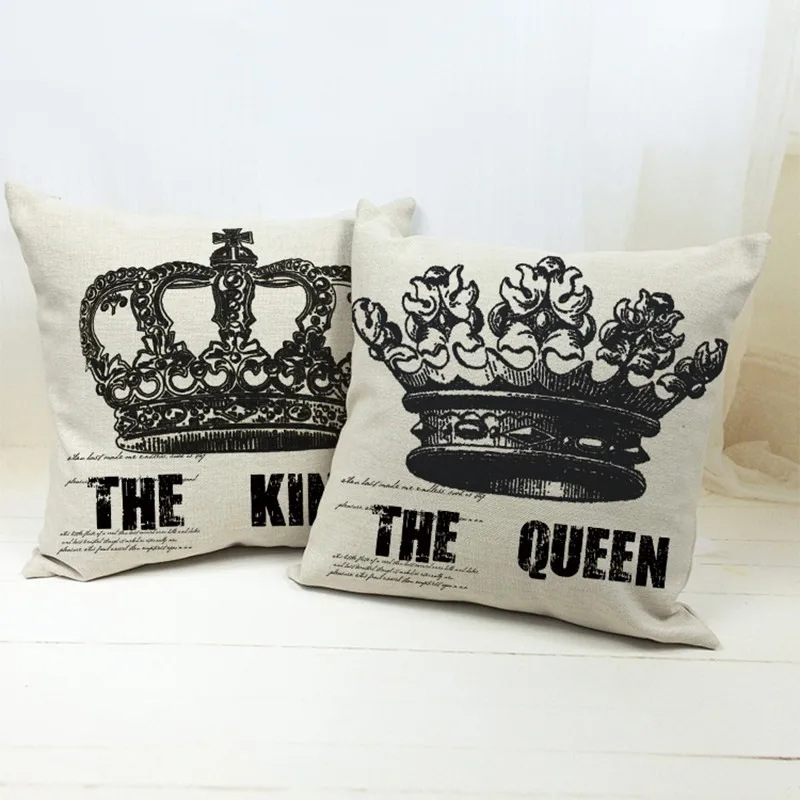 

New Arrival Hot Sale Imperial Crown The King And The Queen Printed Home Textiles Cotton Linen Pillow Case Cushion Cover