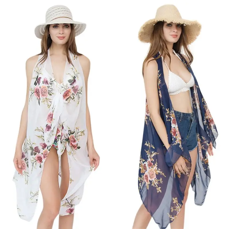 

Women Travel Holiday Vest Style Shawl Bikini Cover Up Bohemian Large Floral Printed Wrap Skirt Cardigan Asymmetric Hem Sarong Ca