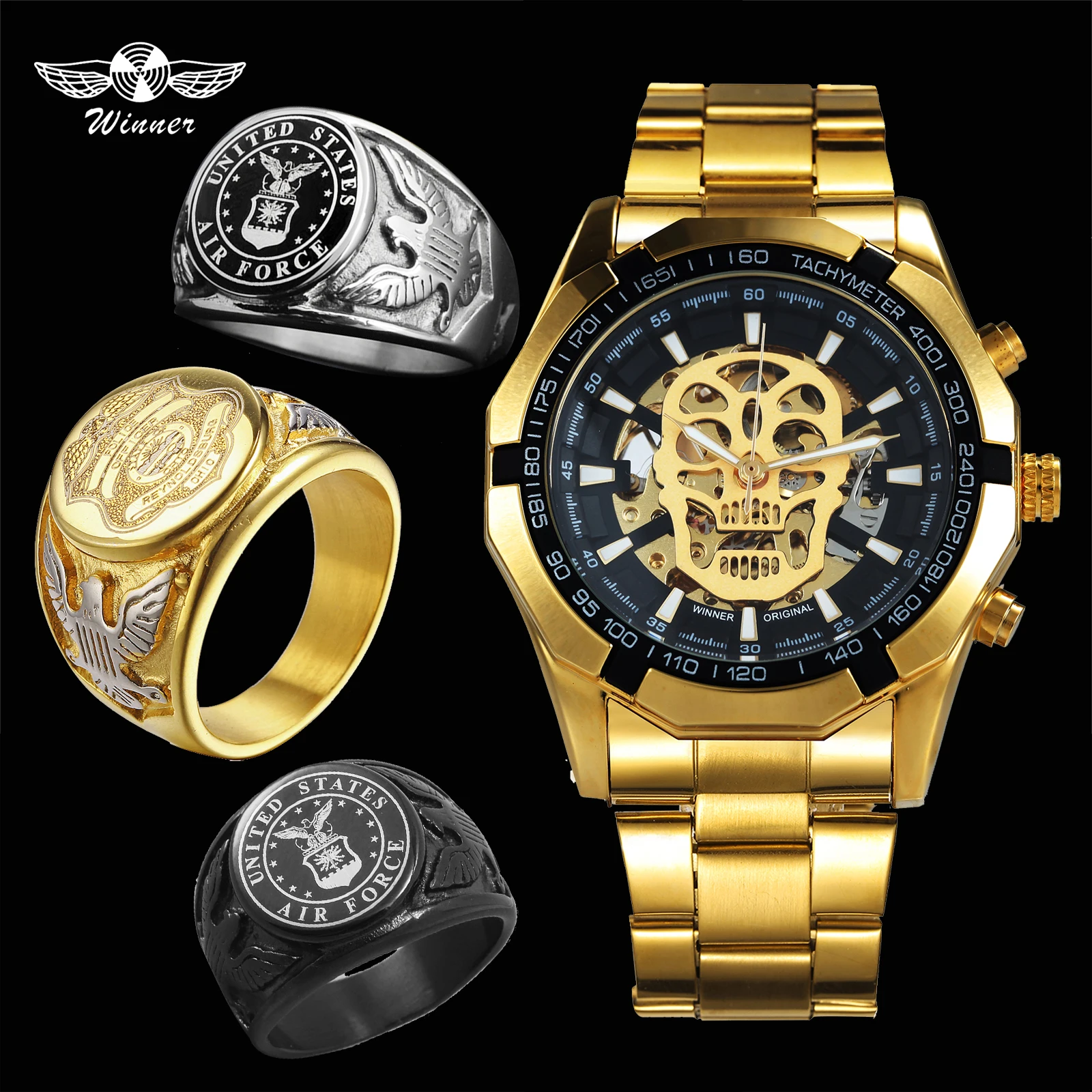 

WINNER Watch Jewelry Set HIP HOP Punk Auto Mechanical Skull Mens Watches Top Brand Luxury + Vintage Retro Ring for Man