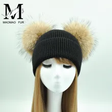 Женская шапка с помпонами из натурального меха, шерстяные вязаные шапки, весна, супер стильные двойные шапки с помпонами из меха енота