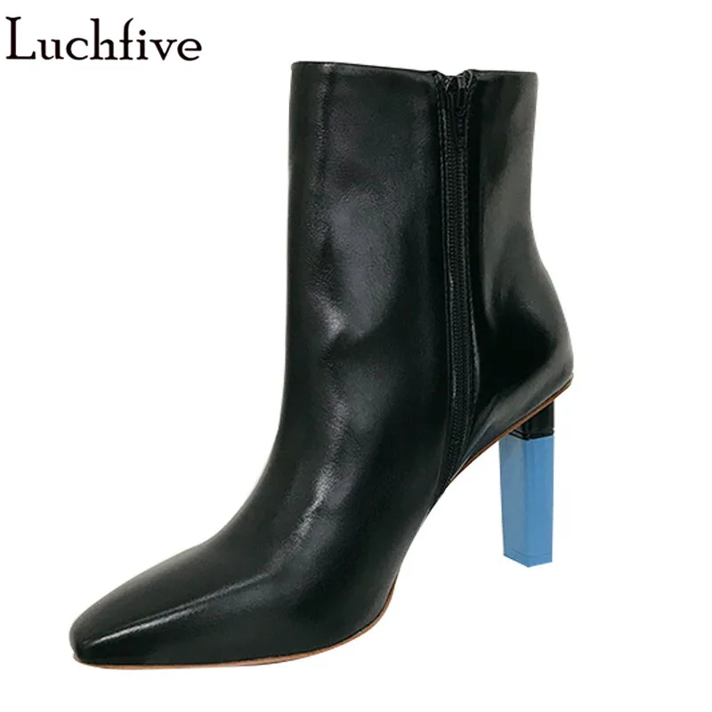 

Luchfive New designer Ankle Boots for Women Lighter Inspired High Heels genuine leather short botines mujer 2018 short boots