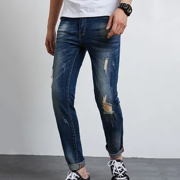

Jeans Men 2020 Summer Blue Stretch Hole Slim feet pants Korean version of Wild trend jeans More Size 28-33 34