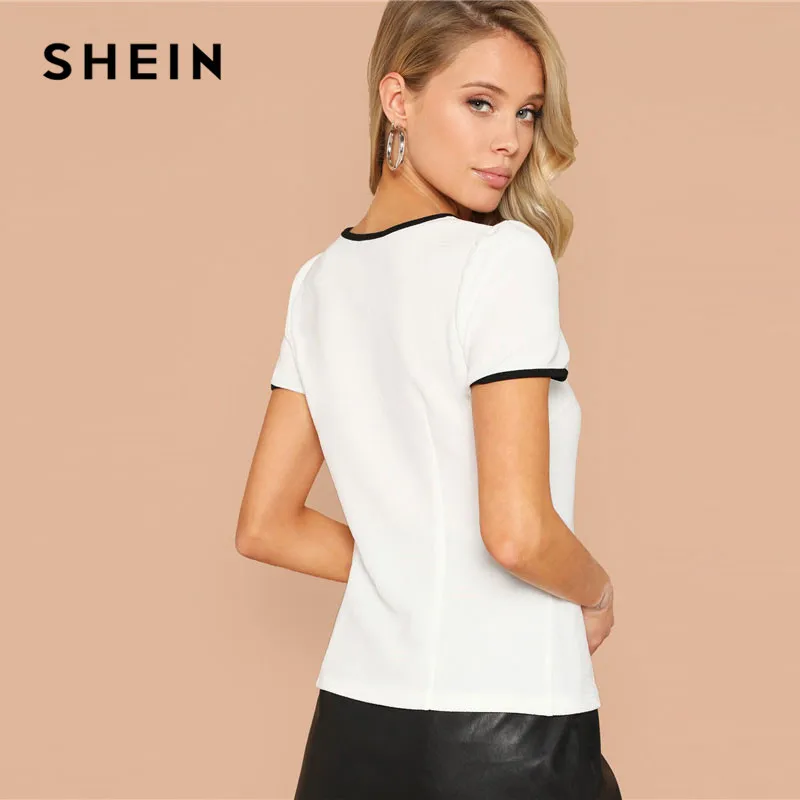 SHEIN Contrast Tipping Bow Tie Neck Solid Blouse Ladies Tops Summer Preppy Short Sleeve Casual Women Tops And Blouses SHEIN Contrast Tipping Bow Tie Neck Solid Blouse Ladies Tops Summer Preppy Short Sleeve Casual Women Tops And Blouses