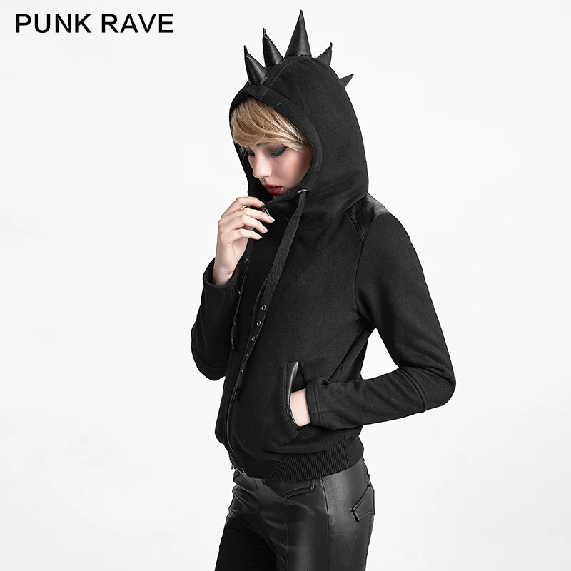 

PUNK RAVE Women Punk Rock Visual Demon Long Sleeve Hooded Jacket Coat Women Fashion Hooded Street Wear Daily Short Coat
