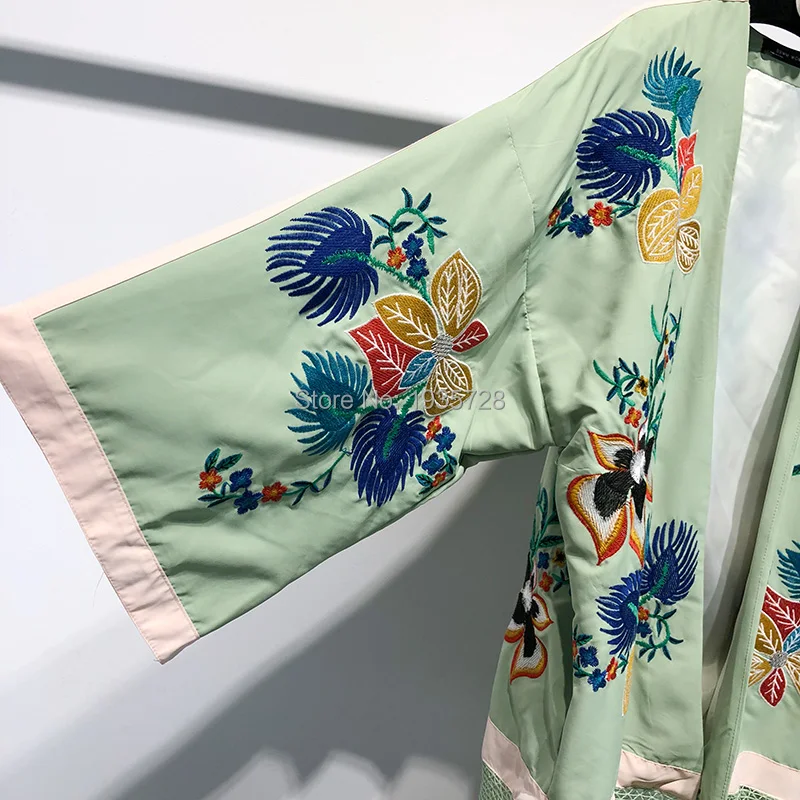 Patchwork Kimonos 4 Fleurs Vert Avec Version Vestes Évider Weave 3 cou Haute Glands Qualité Brodé Manches V 1SqIxx7w0
