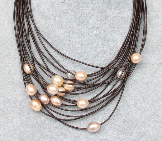 

huij 004603 15row pink purple pearls wine red leather necklace