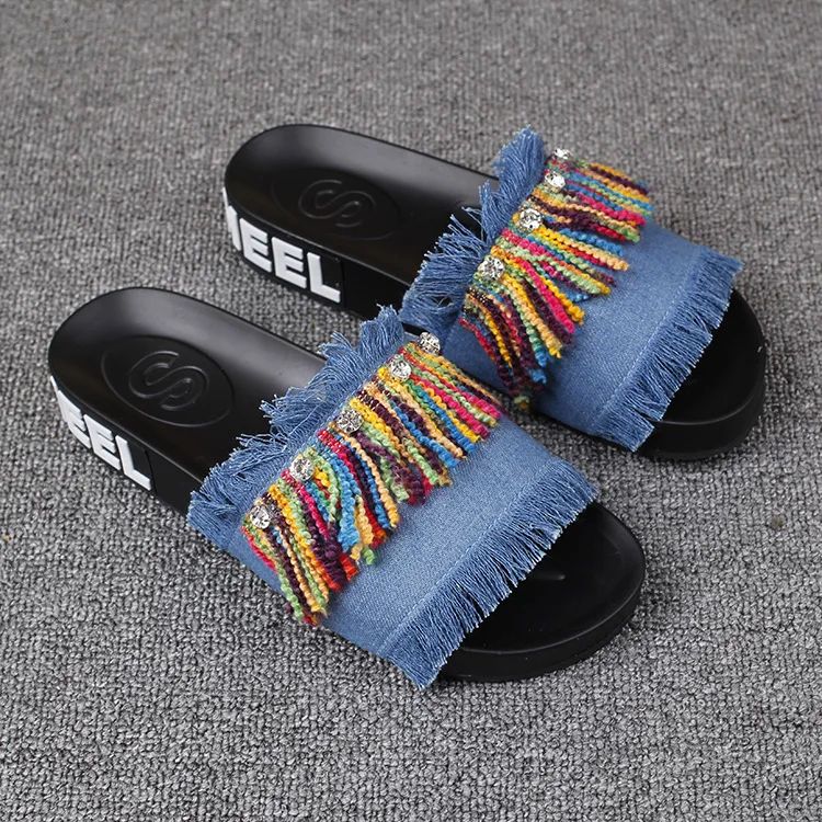 New Summer Colorful Fringed Leather Flat Heel Open Toe Slip Shoes Ladies Casual Slipper 2016 Woman Leisure Footwear Cheap52