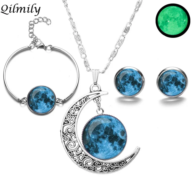 

Qilmily Time Stone Glow-in-the-dark Bracelet Necklace Earring Set for Women Girls Men CosmicStar Moon Jewelry Party Wedding Gift