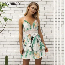 Yovamoo 2018 Summer Bohemian Sexy Deep V-neck Backless Dress Beach Holiday Lace Patchwork Floral Print Hollow Out Dresses