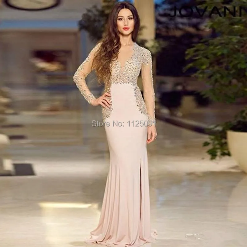 

New Exquisite Sheer Backless Evening Dresses 2019 Beaded Chiffon Long Sleeve Prom Gowns Celebrity Dresses Vestido De Festa