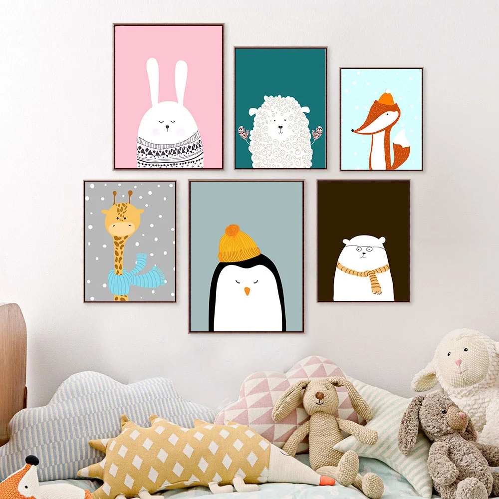 Nordic-Art-Cartoon-Animal-Deer-Bear-Penguin-Poster-Minimalist-Canvas-Painting-Nursery-Wall-Picture-Children-Room