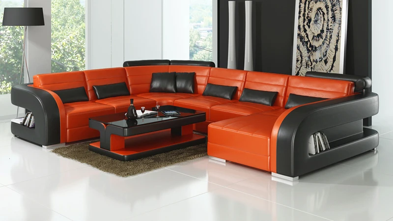 Оранжевый и черный диван из натуральной кожи для гостиной