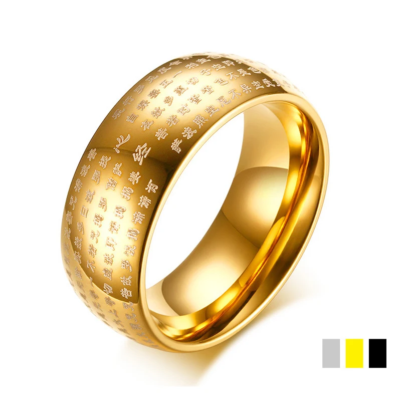 

Buddhist Heart Sutra Ring for Men Women Gold Silver Black 316L Stainless Steel Round Rings Religious Jewelry Size 7-12