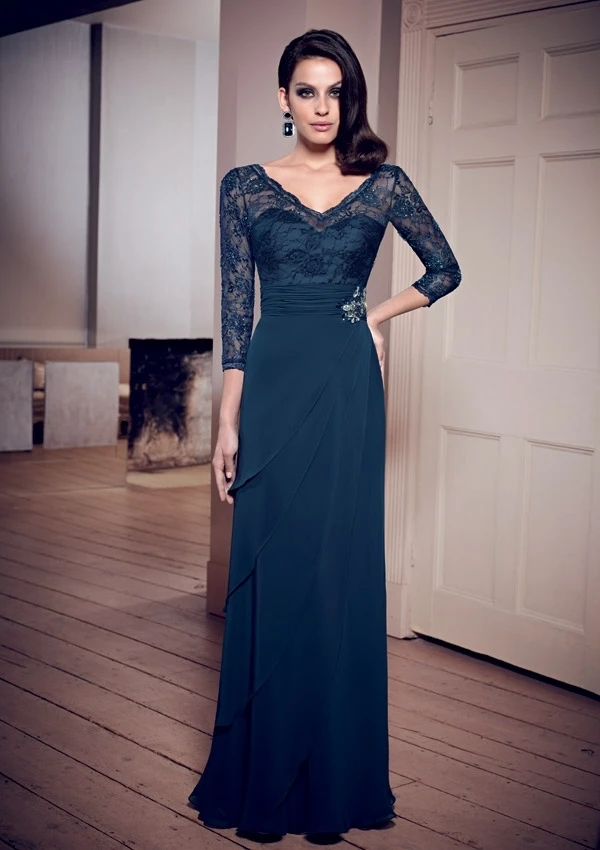 

Elegant Lace V Neckline Mother Of The Bride Dresses Three Quarter Sleeves Sheath A-Line Layer Chiffon Long