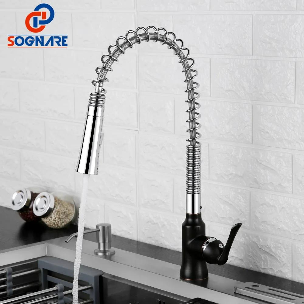 

SOGNARE Spring Chrome Polished Kitchen Faucet Black Water Tap Rotate Swivel 2 Outlet Kitchen Mixer Faucets Cold Hot Sink Mixer