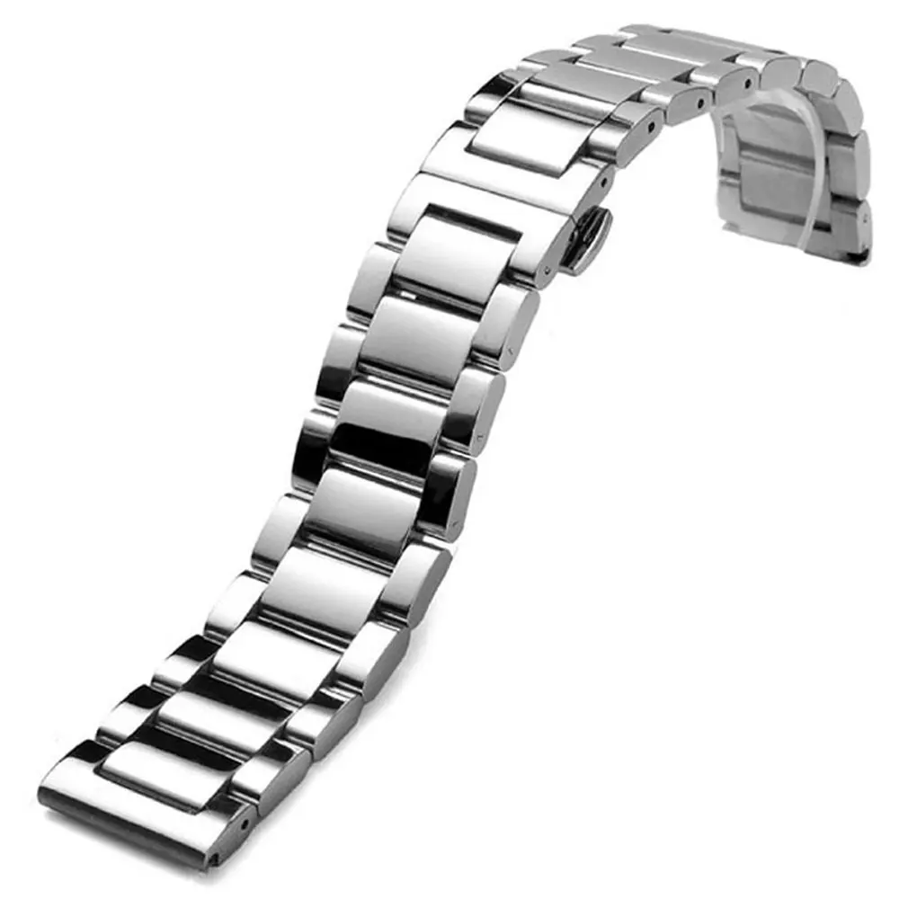 

Luxury 24mm Silver Solid Stainless Steel Watchband Partly Polished Push Button Hidden Strap Men Watches Replacement Bracelet