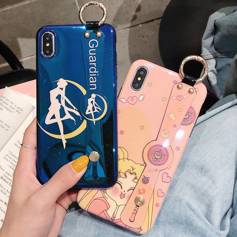 Мягкий чехол для iphone XR XS max X pink Sailor Moon с ремешком на запястье для iphone 8plus 7 7plus 6 6S 6p с рисунком тарако