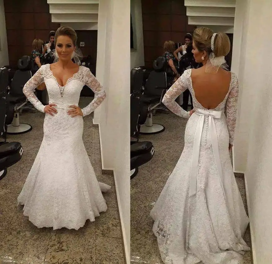 Aliexpress.com Comprar De Manga larga de Encaje Sirena Vestidos de Novia 2017 Con Cuello En V Sin Respaldo de Barrido Tren Vestidos de Novia de La Vendimia