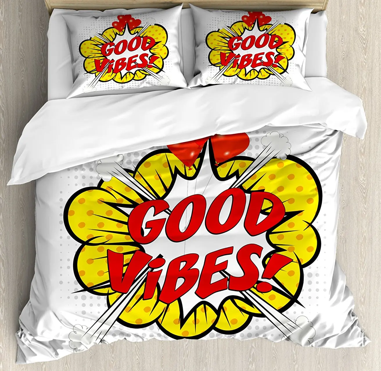

Good Vibes Duvet Cover Set, Pop Art Comics Icon Retro Style Quote Red Hearts Hipster Cartoon Message, 4 Piece Bedding Set