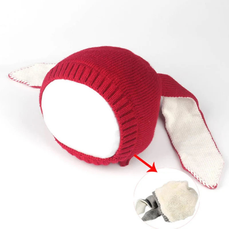 Модная зимняя вязаная шапка с кроличьими ушками для маленьких мальчиков и девочек, теплая шапочка-бини, шерстяная теплая Вязаная Шапка-бини - Цвет: Red Thicker