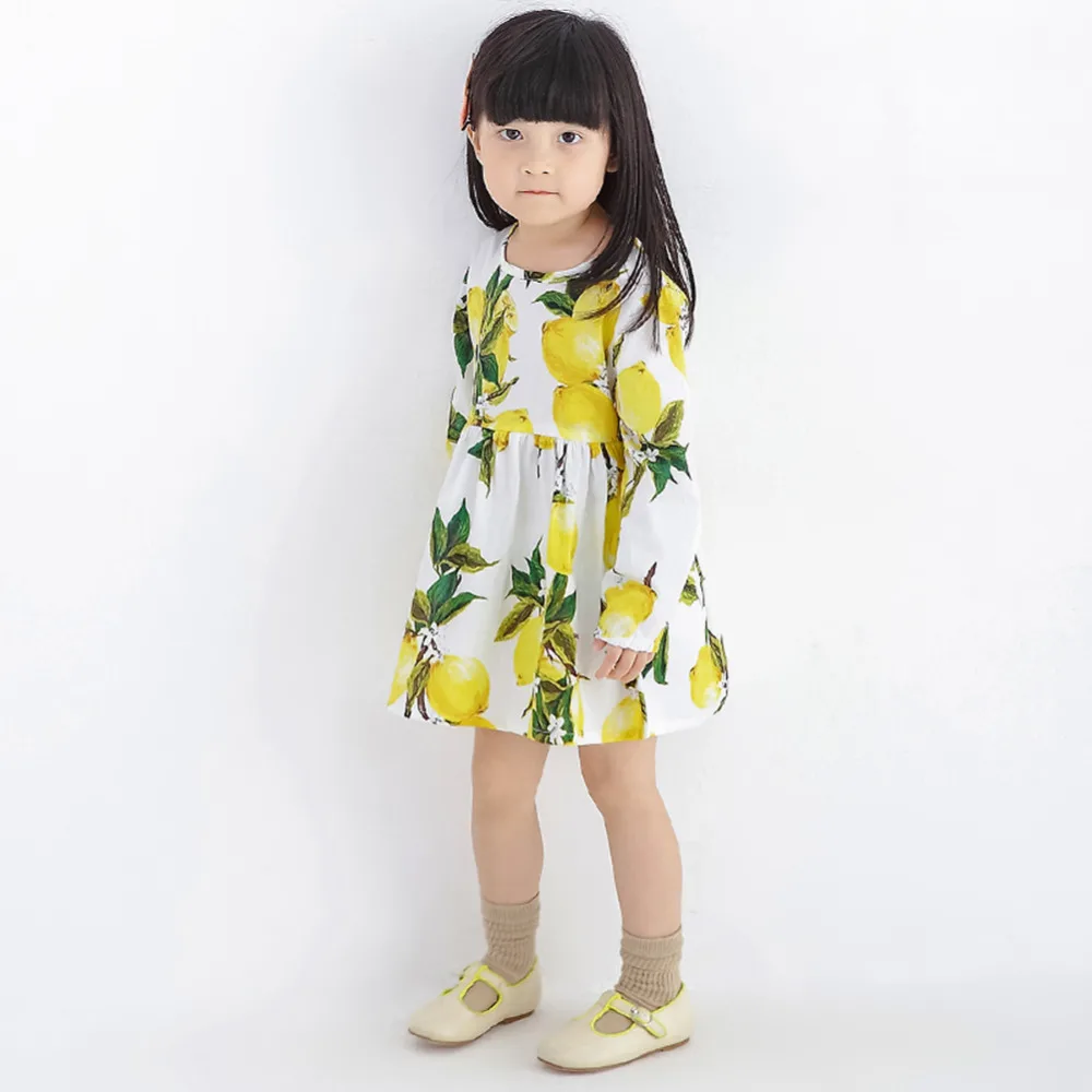 

2018 Spring Summer Girls Dress Fruit Lemon Dresses for Girls Long Sleeve Floral Children Clothes Vestidos