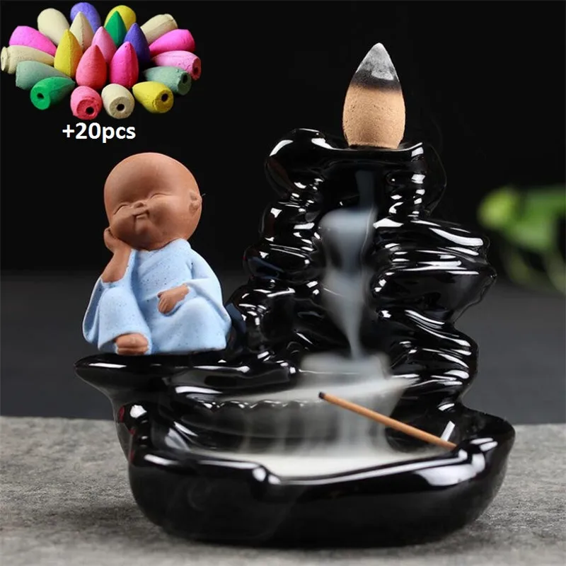 

The Little Monk Ceramic Stick Incense Holder Backflow Incense Burner Home Decor Aromatherapy Buddha Censer +20pcs cones