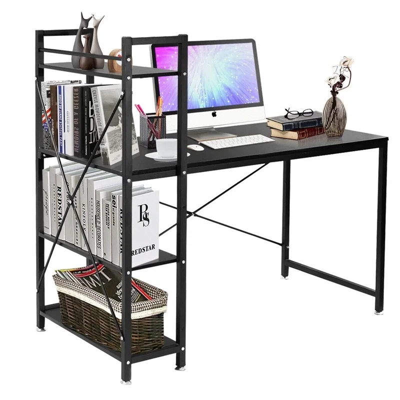 4 Tier Storage Shelves Computer Desk Black Brown Home Office Mdf Iron Study Desks Hw53789