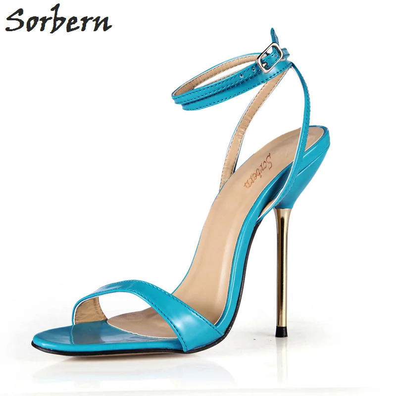 

Sorbern Blue Patent Leather Sandals Summer Shoes Women Metal High Heels Opne Toe Ankle Straps Custom Colors Sling Back Shoes