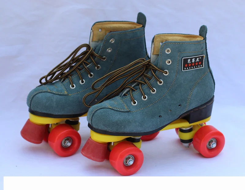 خط مزدوج الكبار النساء الرجال داخلي رباعية مواز جلد البقر جلد البقر أحذية التزلج على الجليد الأحذية 4 عجلات بو الفرامل ارتداء مقاومة الدانتي...