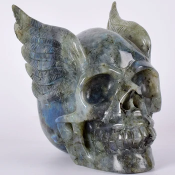 

5 Inch 1296 g Fly Wing Statue Skull Natural Labradorite Handmade Stone Skulls Figurine Gemstone Carving Craft Healing Home Decor