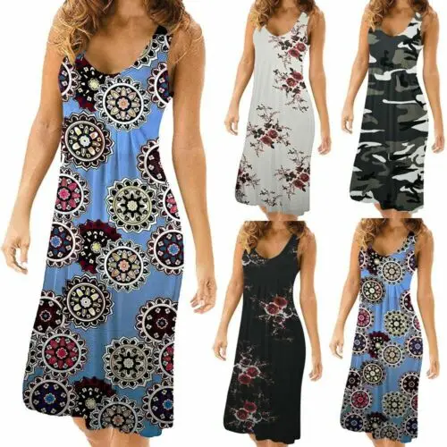 

Women Summer Sleeveless V Neck Dress Female Ladies Print Casual Loose Tunic Floral Print Sundress 2019 NEW Arrival