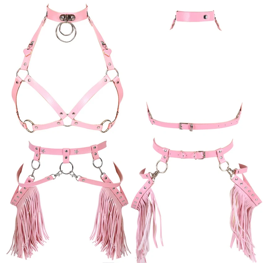 

Harajuku Boho Tassel Pink Leather Harness Bra Women Stockings Garter Belt Strappy Top Cage Plus Size Lingerie set Rave Festival