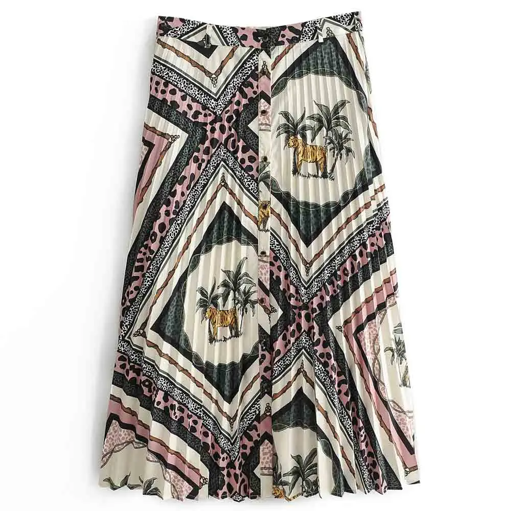 

ANSFX 2019 Fashion Tiger Texture Leopard Patchwork Print Buttons Single-breasted Midi Skirt Chic Vintage Women Mid-Calf Skirts