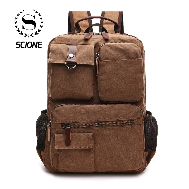  Scione Men Canvas Backpack Multi Pocket Mens Laptop Bag Large Capacity Back Pack Multi-function Tra