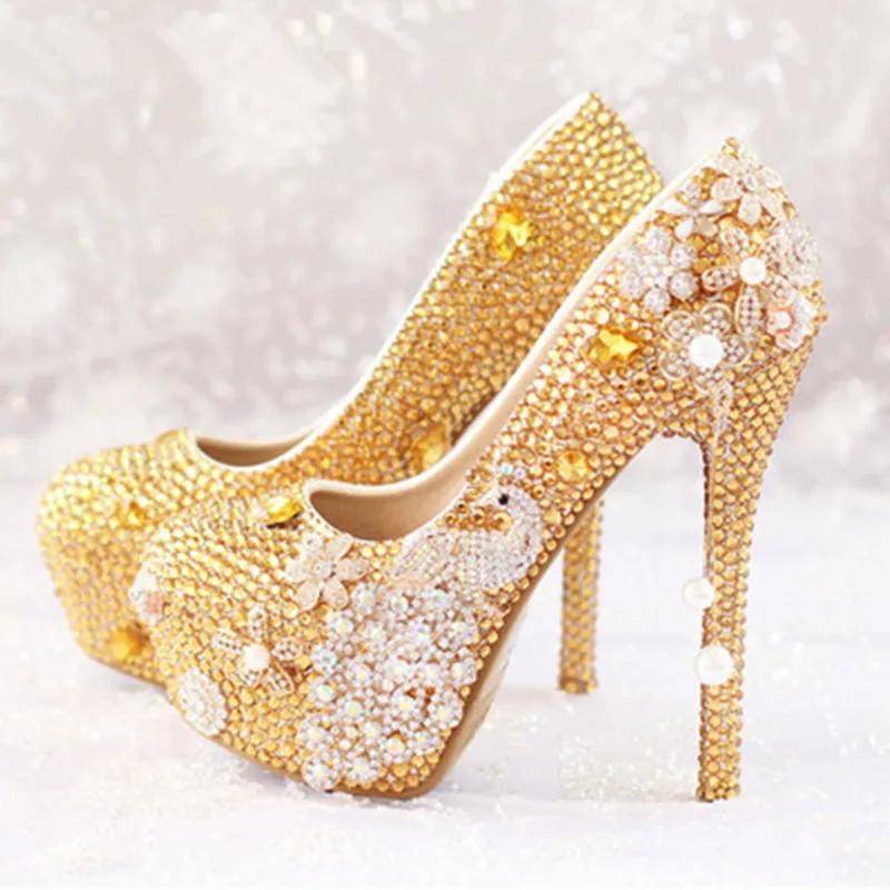 Luxury Wedding Pumps Gold Diamond Crystal Platform High heeled Pump font b Shoes b font Women