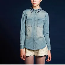Show School Women Denim Blouse Nice Spring Long Sleeve Jeans Shirt Embroidery Shirt Casual Slim Cowboy Shirt Style Tops BO052