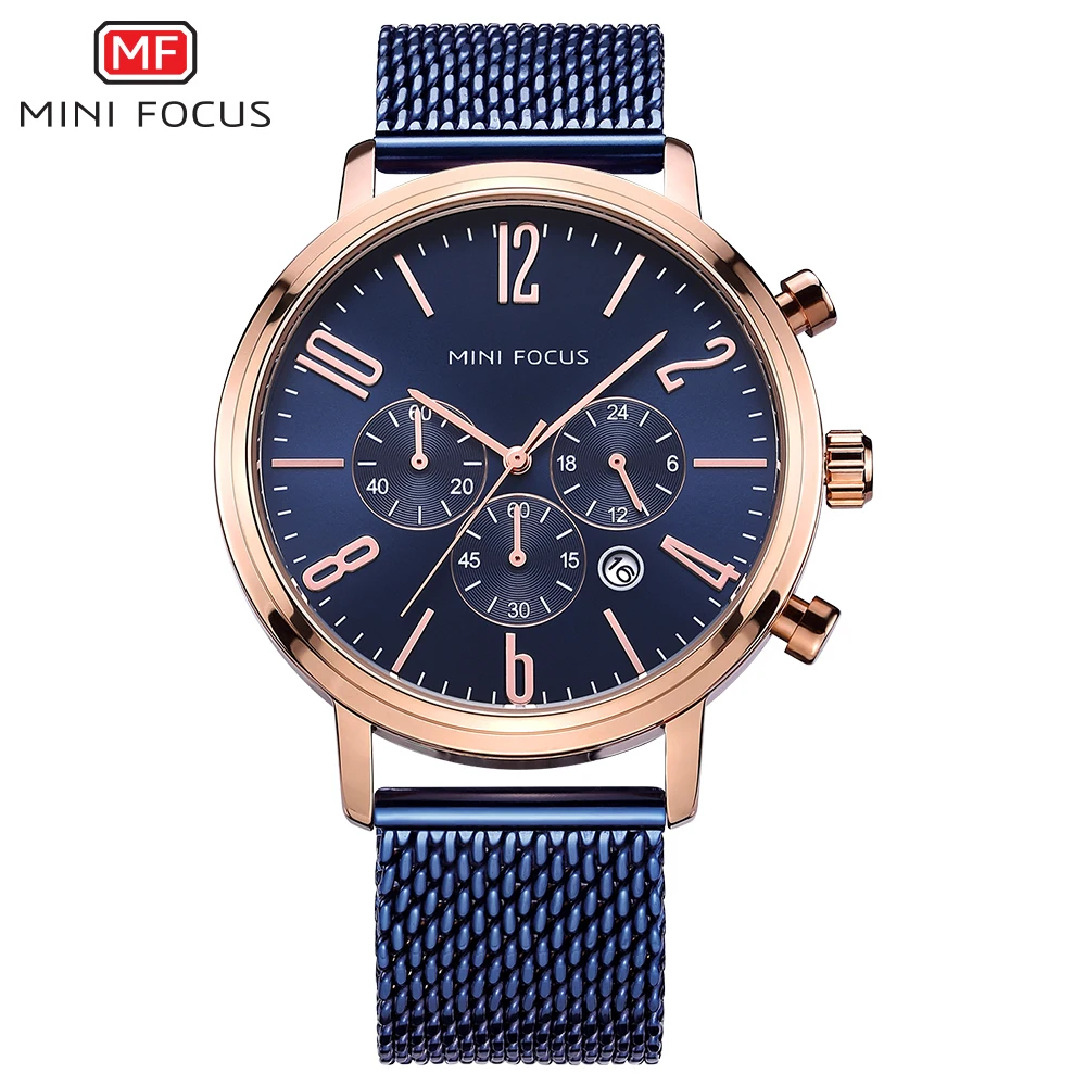 

MINI FOCUS Men's Chronograph Business Watches Luxury Mesh Strap Waterproof Quartz Wristwatch Man Large Number 0183G Blue rose