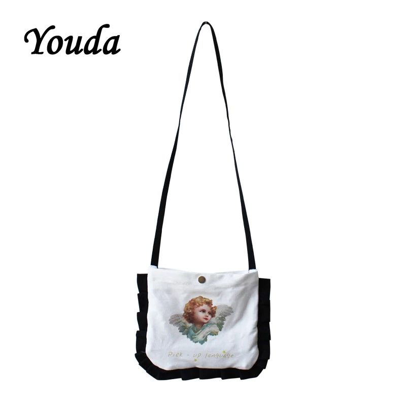 

Youda Angel Print Messenger Bag Mobile Phone Package Lace Simple Student Mini Shoulder Bags Fashion Fresh Style Small Tote