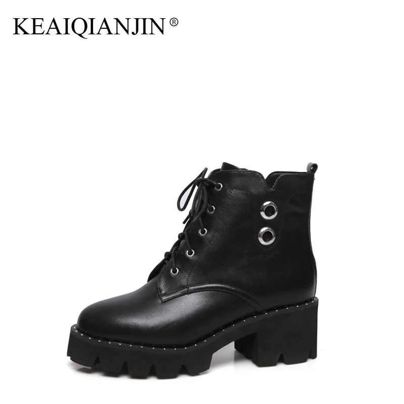 

KEAIQIANJIN Woman Gothic Shoes Black Flat Platform High Heel Motorcycle Boots Plus Size 34 - 43 Genuine Leather Ankle Boots