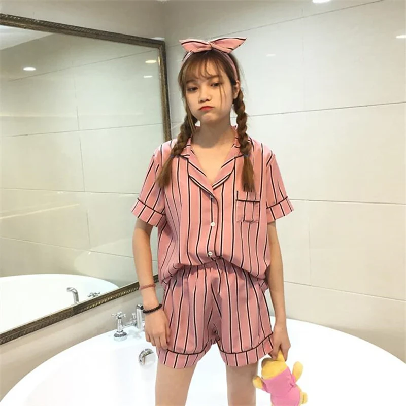 KISBINI Summer Women Pajamas Set Imitation Silk Stripe Short Sleeve Shirt+Shorts Handband 3PC Nightwear Women's Homewear Pyjamas