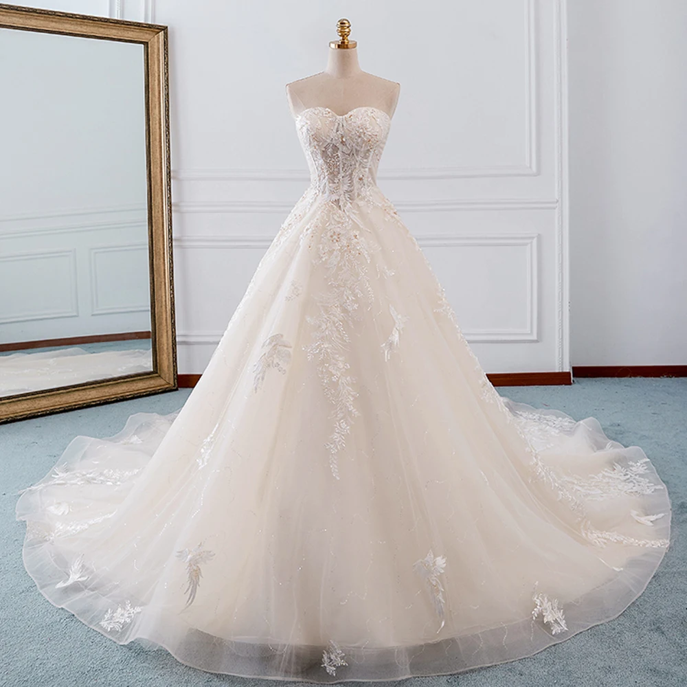 

Gelinlik Strapless Detachable Sleeve Luxury A-line Wedding Dresses China Beading Appliques Robe de Mariee Lace Up Back trouwjurk